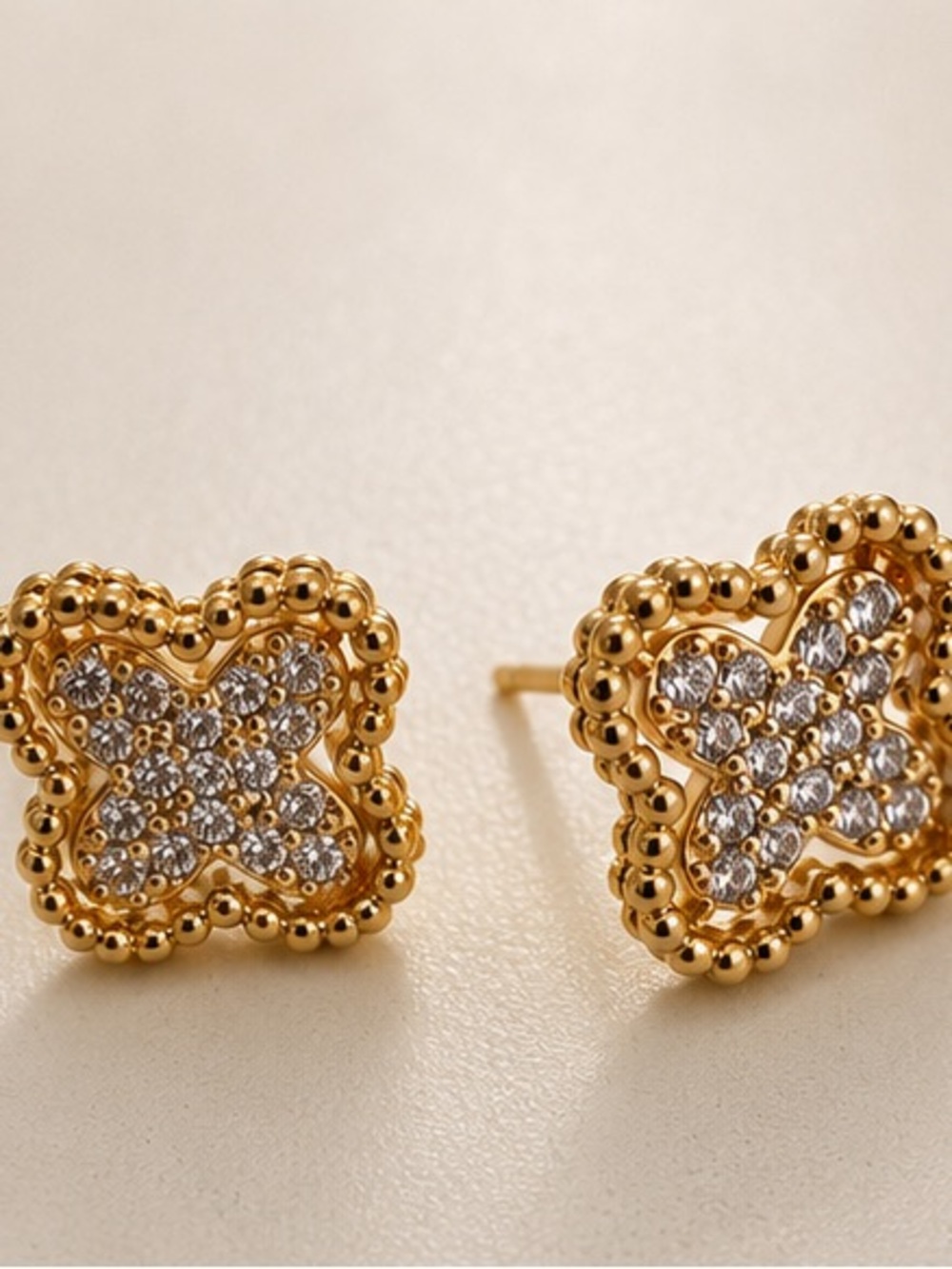 Designer Inspired Luxe Gold Crystal Clover Stud Earrings - Picture 3 of 4